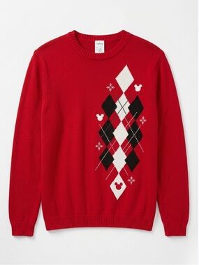 Vintage 90s Mickey Mouse Disney Argyle Pullover Sweater Oversized Red - XL